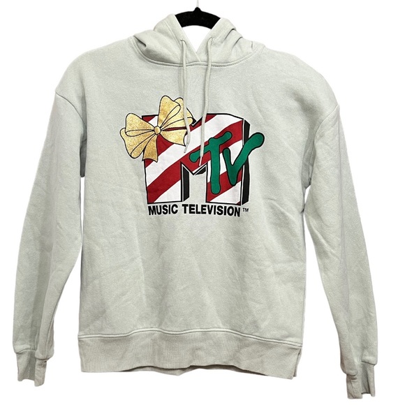 MTV Women Green Music Television Christmas Holiday Hoodie Sweatshirt Top XS NWT - Picture 3 of 8